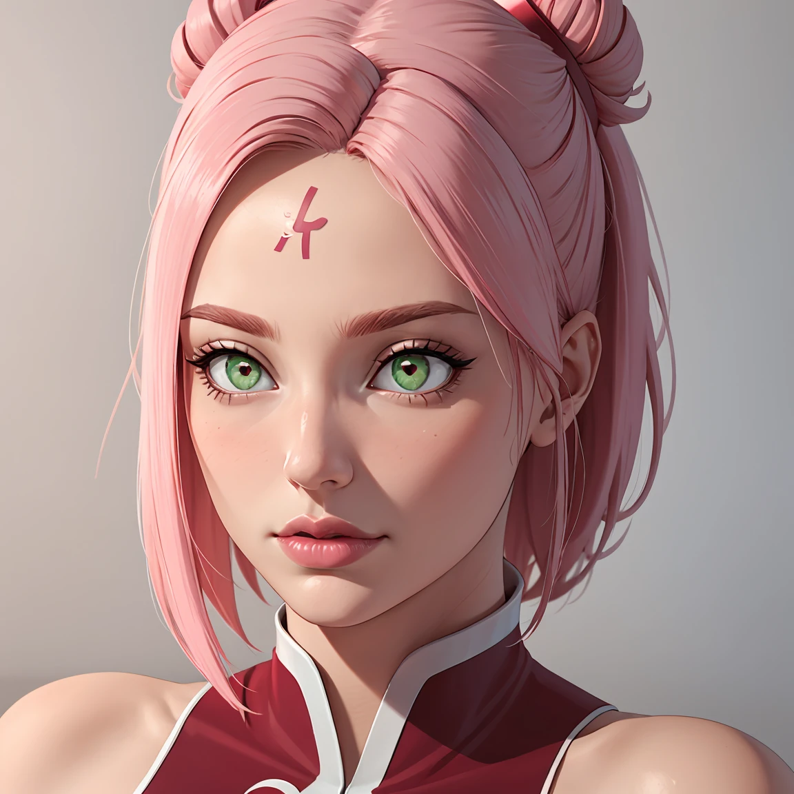 young woman, bubblegum pink hair tied in a bun, wide forehead, porcelain skin, pink eyebrows, emerald green eyes, upturned nose, thick pink lips, heart-shaped face, dark red clothes, Sakura Haruno, realism, well detailed, 3d