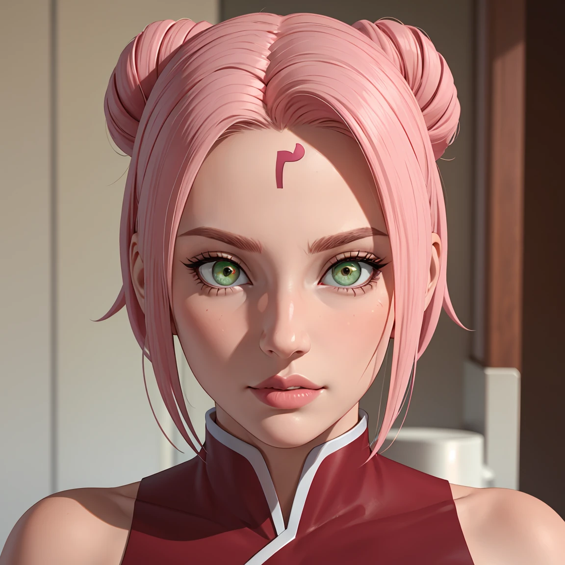 young woman, bubblegum pink hair tied in a bun, wide forehead, porcelain skin, pink eyebrows, emerald green eyes, upturned nose, thick pink lips, heart-shaped face, dark red clothes, Sakura Haruno, realism, well detailed, 3d
