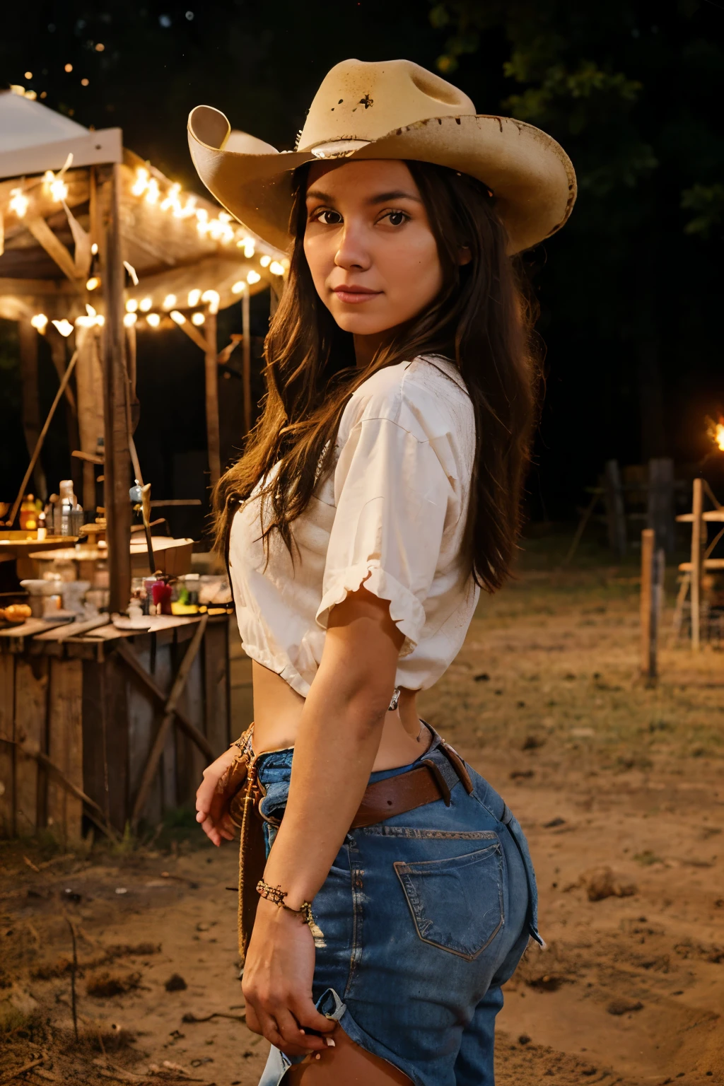 Western, BBQ, Bonfire, Line Dancing, Live Music, Hayrides, Cowboy, Country Music, Rodeo, Rustic Decor, Outdoor Games, Barn Party, Grilling, Campfire Songs, Ranch Retreat, Beautiful Brunette, Perfect Body, Posing, Cowgirl Outfit, Sunset Background, Canon 1DX