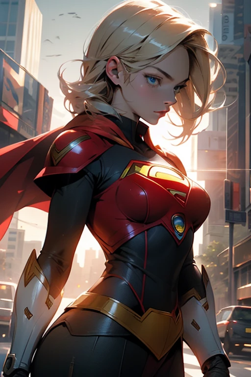art by joerussketchbook, supergirl, best quality, ((masterpiece)), bright_hair_color, highlight the outlines out of background, spectacular lighting and work of shades