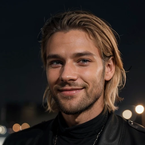 Imaginez un homme habile portant une blonde aux cheveux noirs et une barbe avec un sourire