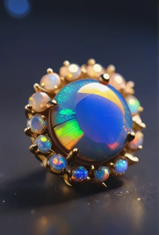 Fairy tale objects,  Black opal single earring, Brilliant, Gold-plated macro lens, Individuality, Exquisite, Twinkle, 3D Rendering, Unreal Engine . Magic, Fantasy, Fascinating, Picture book style, Very detailed