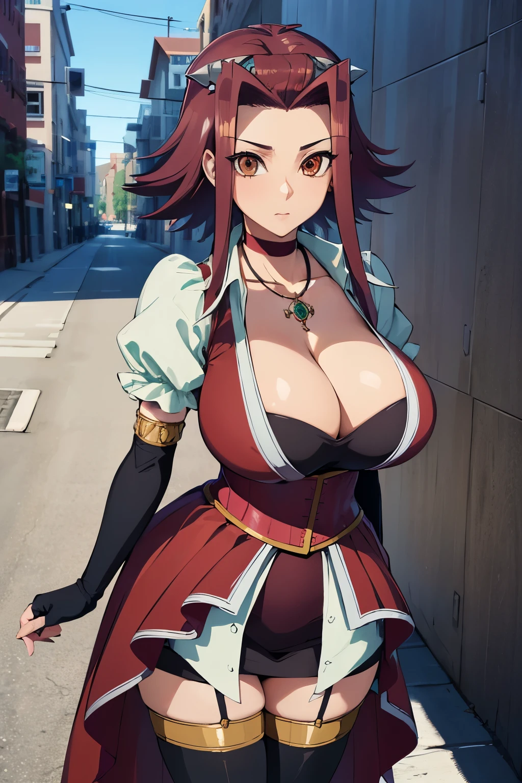 masterpiece, high quality, highres, absurdres, ultra-detailed, detailed eyes, aki1, izayoi aki, solo, mature woman, tall, elbow gloves, jewelry, deep cleavage, choker, necklace, black thighhighs, black gloves, huge breasts, street