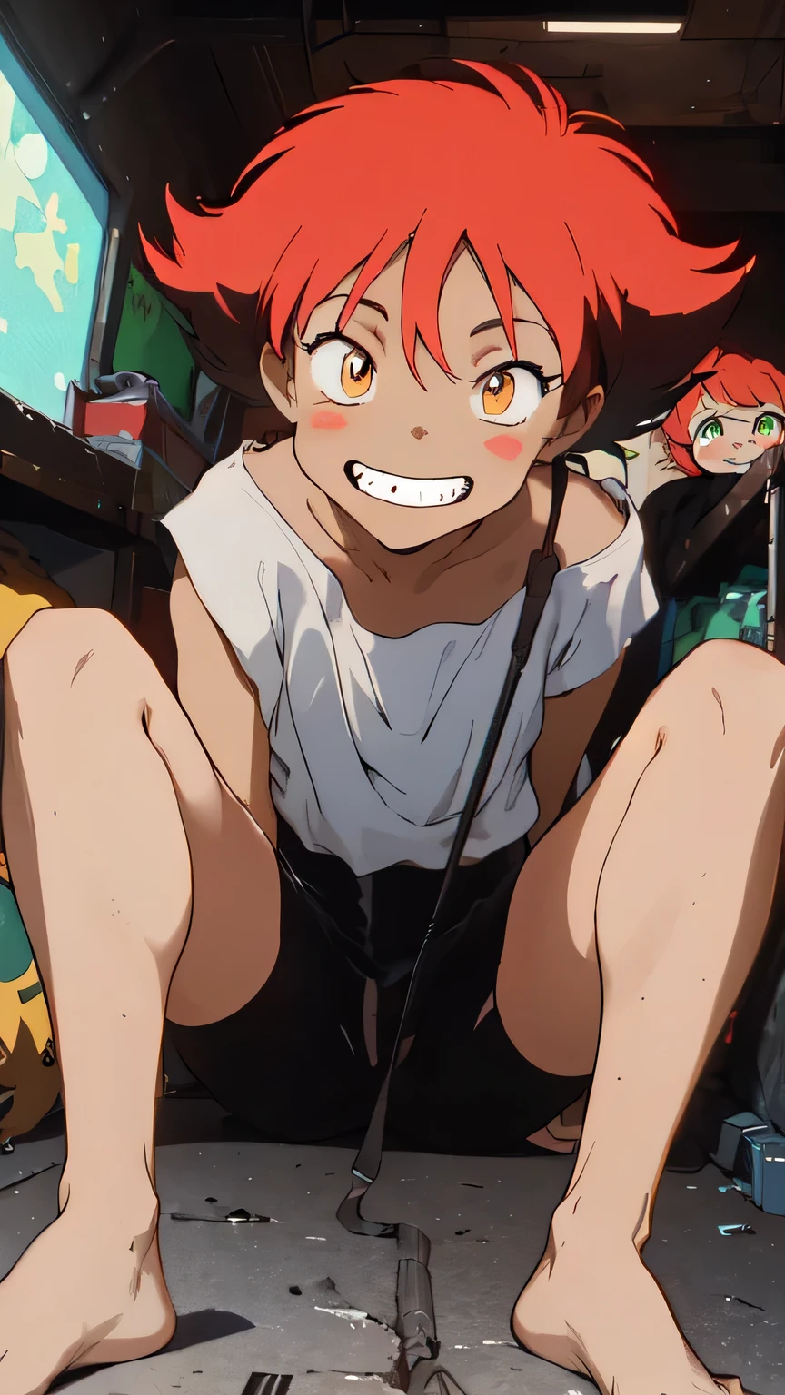 (Radical Ed:1.5), (Edward Wong Hau Pepelu Tivrusky IV), red hair, (Green goggles on forehead), white shirt, off the shoulder, bare feet, A once-in-a-millennium masterpiece, A photo you will never get again, Inexplicable high resolution, The cutest girl in the world, Ultra high definition eyes, Eyes that seem to draw you in, Jewel-like eyes, full body, very slender, clavicle, 13-year-old, spaceship on the background, blue sky, grin, shoulder