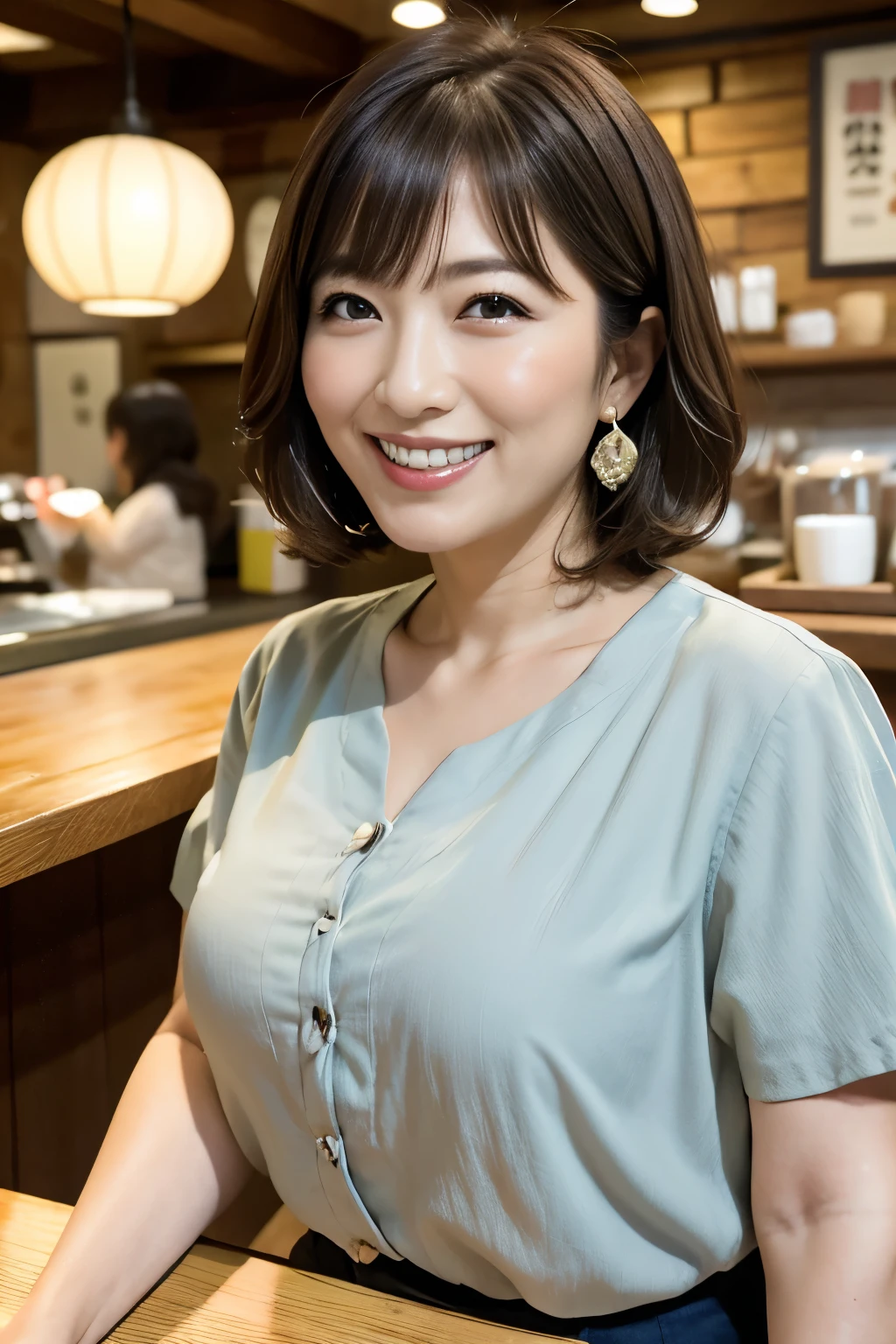 Osaka's aunt、Organic Photography、Background Bokashi, highest quality、masterpiece、Ultra-high resolution、、70 years old、Looking at the audience、、Toothy smile、Big Breasts、Wearing a plain short-sleeved blouse、Short perm hair、、Earrings、A corner of a coffee shop, Background Blur