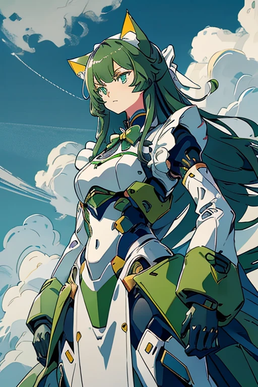 1 Cat-eared maid wearing a mecha suit, Slender fuselage,shining eyes, ((folded arms pose)),camo, green and white body,((cat ears long hair)),battlefield concept art ,ink art, flat color, high contrast, Fashion absurdity, highest quality, negative space,Against the background of blue sky and white clouds