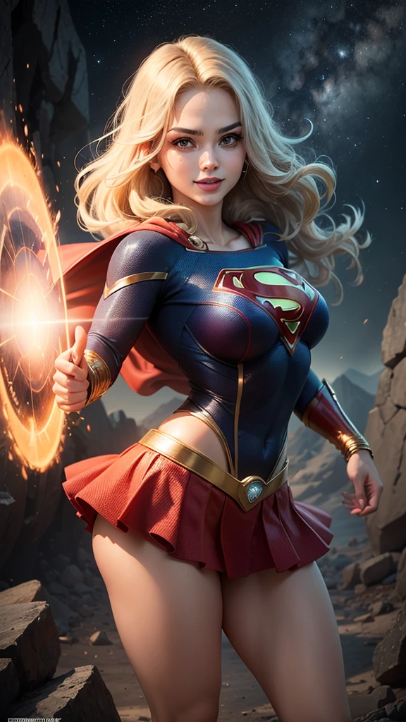 ((whole body view)), (SUPERGIRL is in outer space), (Lifting a large asteroid with your hands), (Complete DC Comics Superheroine), fora, highlights your muscles and scars. The scenery is lush and mysterious, com galaxias ao seu redor. The camera details everything. ((ela tem cabelo loiro, ela tem cabelo comprido)), (Ela tem um sorriso confiante, Pose heroica), ( His attitude is fearless), ( Ela tem uma personalidade arrogante).