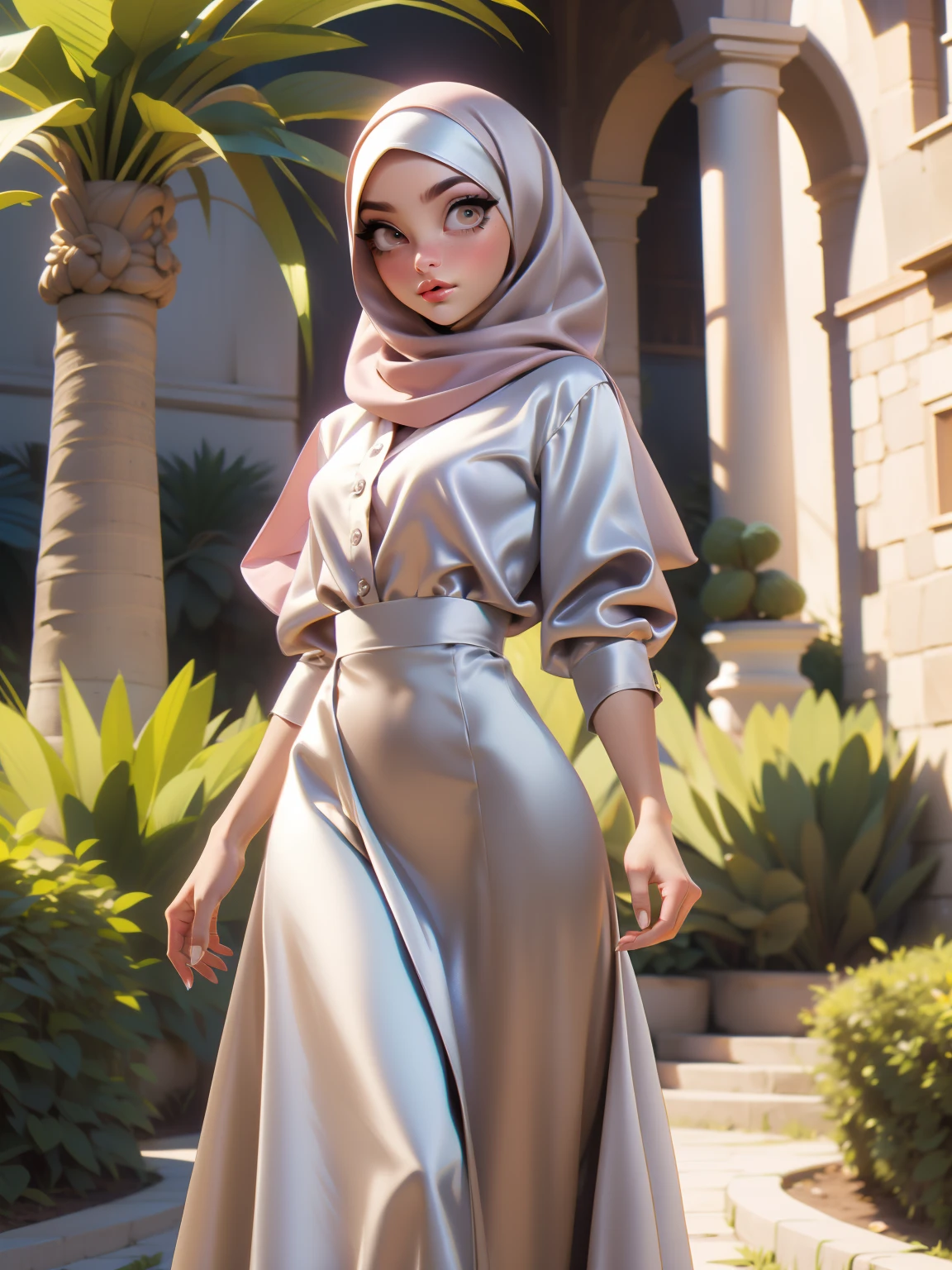 3DMM, ((Masterpiece, best quality, photography)), detailed skin, realistic, photo-realistic, 8k, highly detailed, full length frame, High detail RAW color art, diffused soft lighting, shallow depth of field, sharp focus, hyperrealism, cinematic lighting, hijab, a woman beautifully makeup, bold eyeshadow, beautiful big eyes, Brown eyes, long eye lashes, chubby, wearing ((brown satin hijab), loosely tide hijab style, ((gray satin shirt)), ((satin long dress)), dancing under tree, garden
