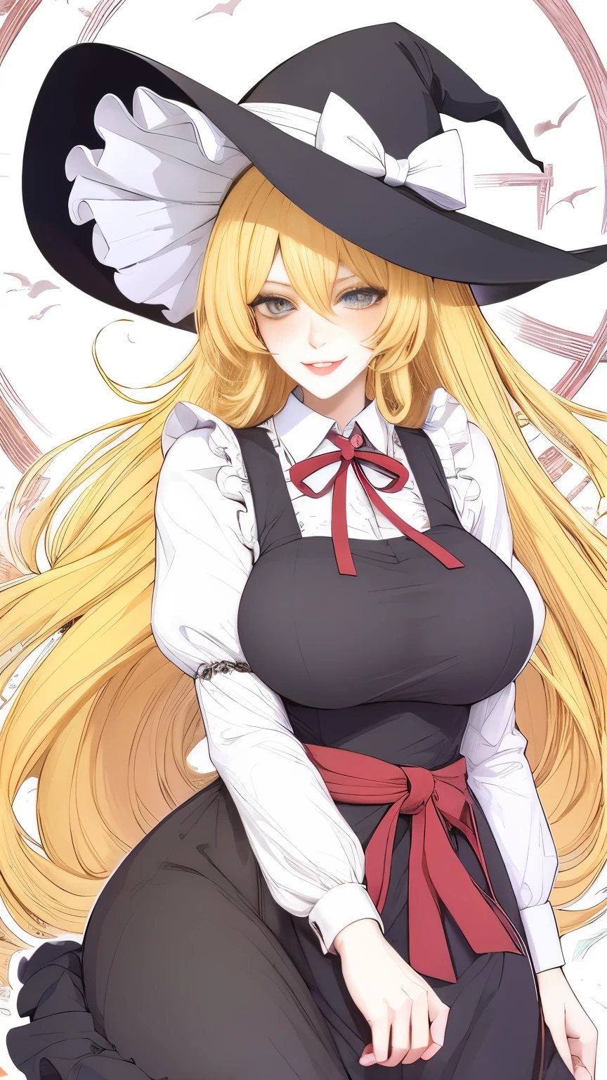 (masterpiece, best quality:1.2), 1girl, solo,mature_lady, delicate face,detail eyes,long hair, floating hair,medium breasts,floating clothes,,kirisame_marisa, touhou, apron, black_hat, black_skirt, black_vest, blonde_hair, blush, bow, braid, cowboy_shot, day, eyelashes, frilled_apron, frills, grin, hair_between_eyes, hair_bow, hand_up, hat, hat_bow, long_hair, long_sleeves, puffy_long_sleeves, puffy_sleeves, red_bow, shirt, sidelocks, single_braid, skirt, tsurime, very_long_hair, vest, waist_apron, white_apron, white_bow, white_shirt, witch_hat, yellow_eyes,in heaven