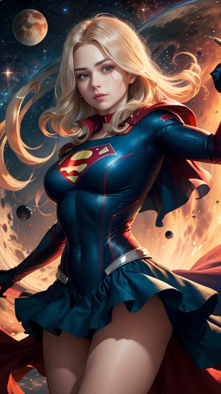 ((best quality)) ((Ultra Detalhado)) ((supergirl)) ((foto do corpo inteiro)) (( botas vermelhas)) ((com da roupa da supergirl)) ((rosto detalhado)) ((blue swimsuit)) ((big tits)) ((cabelo longo loiro)) ((cabelo longo sedoso)) ((corpo atletico)) ((olhos atraentes)) ((sharp eyes)) ((corpo magro)) ((High-resolution shadows)) ((cores atrativas)) ((pulseiras de ouro)) , Apertado ,capa vermelha, symbol of superman, sombras claras, heroic pose, in space with the planets behind.