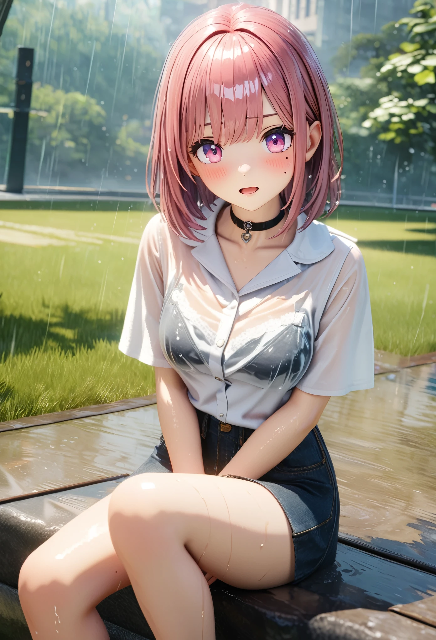 Masterpiece, Top Quality, Highly Detailed, High Resolution, Expensive Resolution, High Resolution, 4K, 8k, Unity 8k Wallpaper, Highly Detailed CG, Masterpiece, 2D, 3D, Beautiful Details, Depth, Fine Texture, Top Quality: 1.3, Perfect focus, Clear skin, Him, Very cute anime girl, Casual style, Heavy rain while meeting him in the park, Her whole body is soaked with rain and her white blouse is transparent, Her hair is also soaked and dripping with moisture, Her bra is visible through her clothes.From the knee up, Big breasts,Mini skirt, standing figure, Soaked by heavy rain,Mole under eye, Looking at the viewer, Expensive, Blush, Mole, Open lips, Heart, Pink eyes, Choker