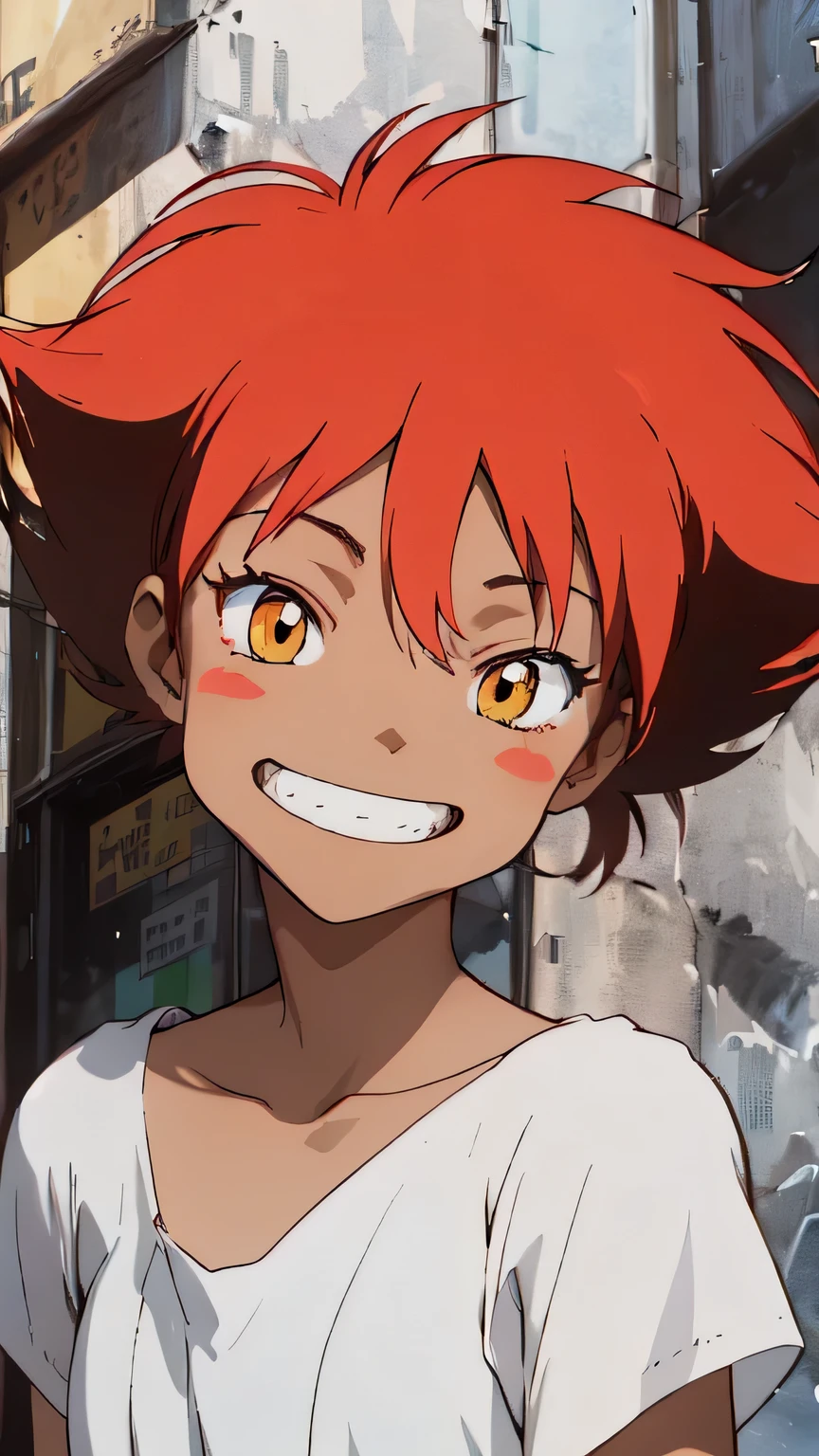 (Radical Ed:1.5), (Edward Wong Hau Pepelu Tivrusky IV), red hair, (Green goggles on forehead), white shirt, off the shoulder, bare feet, A once-in-a-millennium masterpiece, A photo you will never get again, Inexplicable high resolution, The cutest girl in the world, Ultra high definition eyes, Eyes that seem to draw you in, Jewel-like eyes, full body, very slender, clavicle, 13-year-old, spaceship on the background, blue sky, grin, shoulder