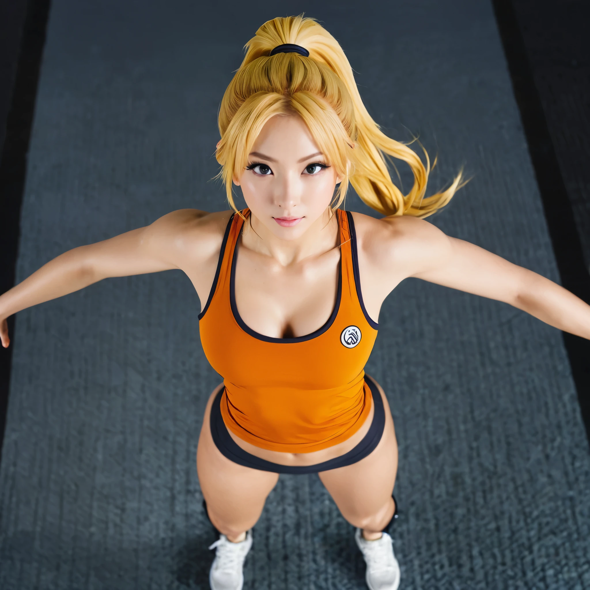 ((masterpiece:1.2, best quality)), 1aldy, solo, (gym clothes), platinum blonde, long hair, (top view, front focus, looking straight ahead), (forehead), jumping, Above the waist, ponytail, big tits, nami:1.1