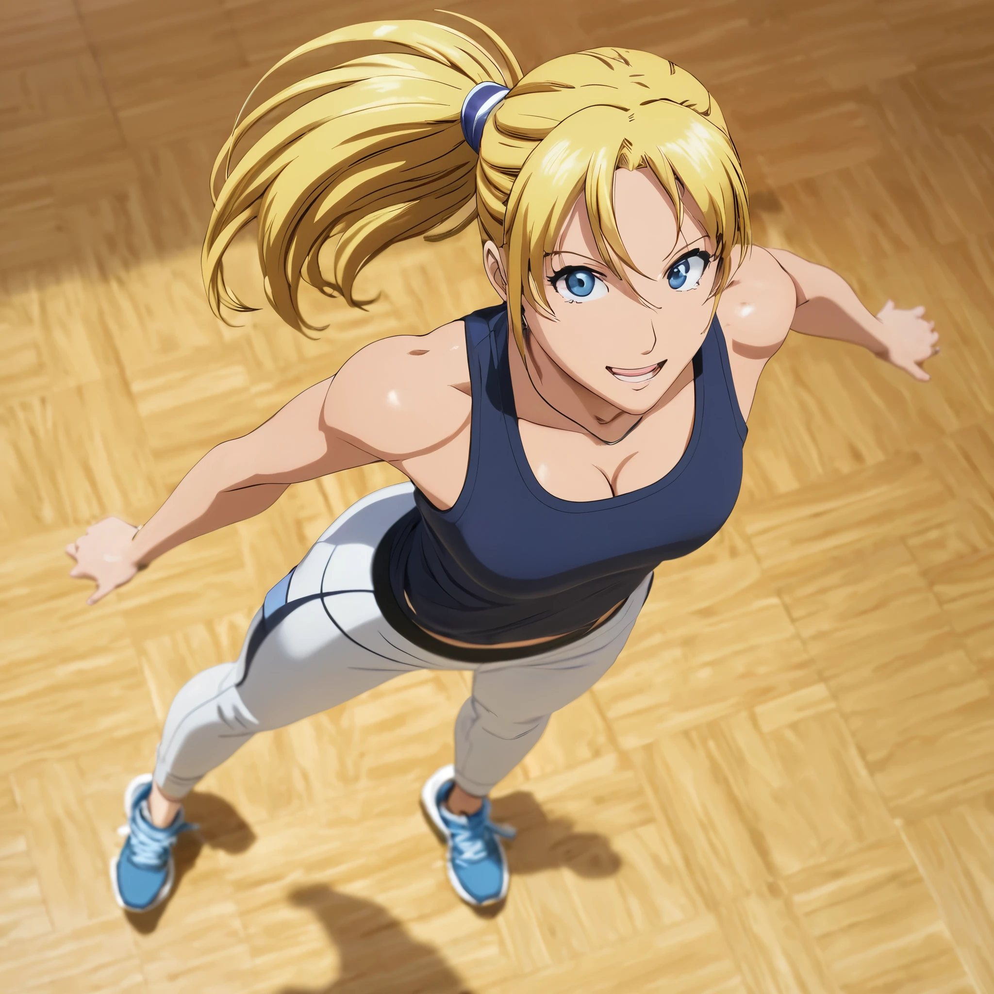 ((masterpiece:1.2, best quality)), 1aldy, solo, (gym clothes), platinum blonde, long hair, (top view, front focus, looking straight ahead), (forehead), jumping, Above the waist, ponytail, big tits, nami:1.1