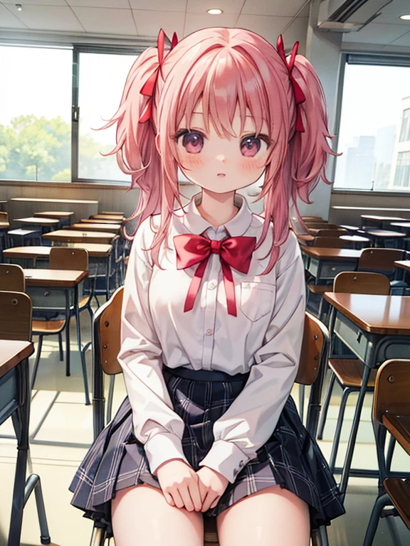 masterpiece, highest quality, Very detailed, 16k, Ultra-high resolution, Cowboy Shot, Detailed face, Perfect Fingers, -yeld fee, School classroom, Sit on a chair, kaname_madoka_puellamagimadokamagica