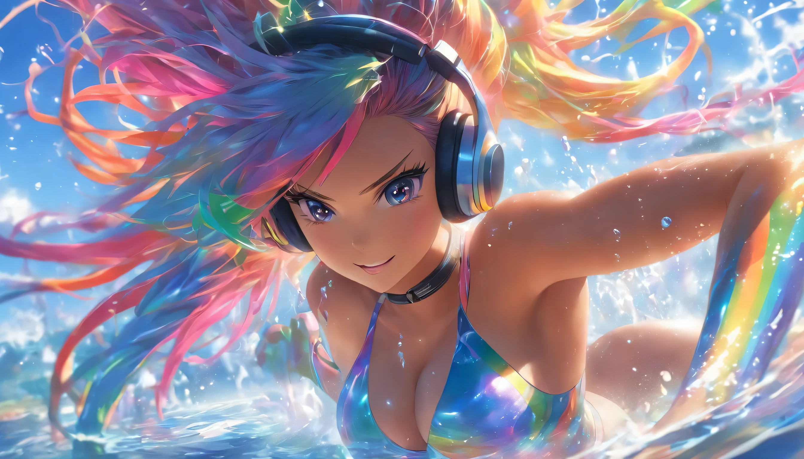 Transparent color PVC clothing, Transparent Vinyl Bikini, Prismatic, Holographic, chromatic aberration, Fashion Illustration, masterpiece, DJ Girl, Wink, 8k, Super detailed, Pixiv、(((Digital anime art)))、((Colorful Hair))、((Wearing futuristic headphones))、((I'm sticking out my belly button))、((Swaying bust))、(((Rainbow Hair)))、((Too big boobs))、((Jumping))、(((Water sea)))、((Narrow waist))、(((Long legs)))、String swimsuit、((Beautiful face))