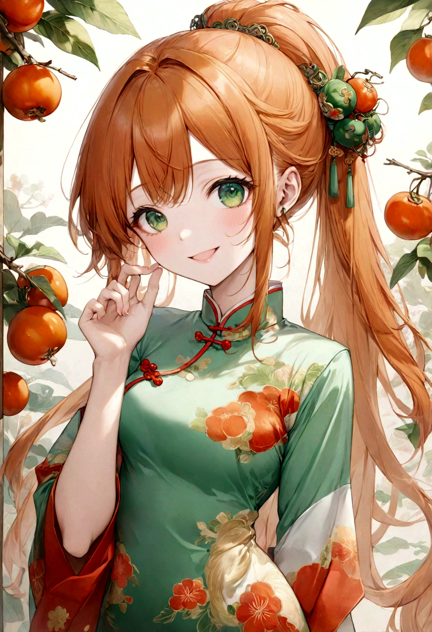 ((top-quality)), ((masterpiece)), ((ultra-detailliert)), (extremely delicate and beautiful), orange hair, long straight hair, long ponytail, green eyes, persimmons, qipao, traditional chinese clothing, mischievous smile, beautiful woman, cheerful,