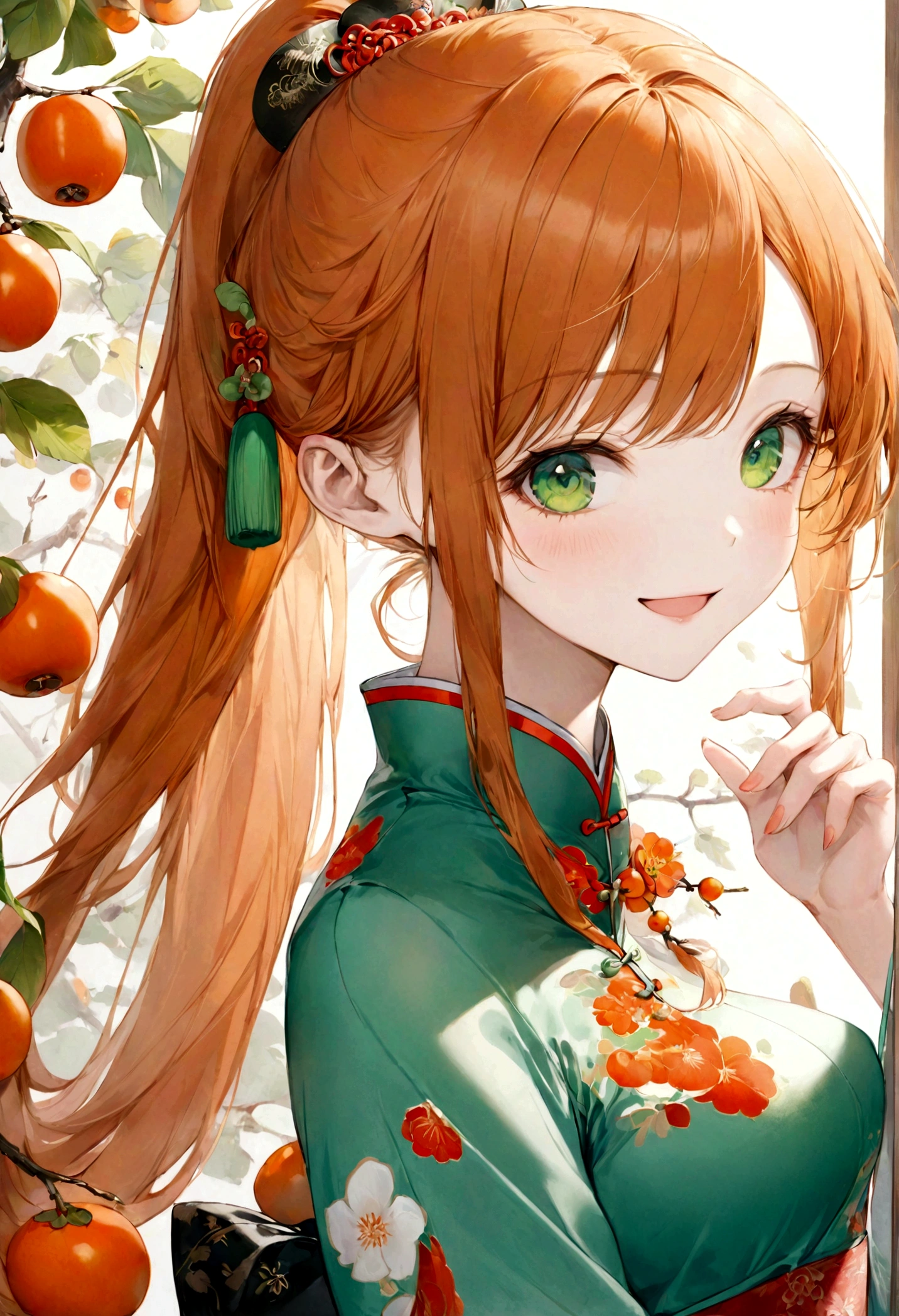 ((top-quality)), ((masterpiece)), ((ultra-detailliert)), (extremely delicate and beautiful), orange hair, long straight hair, long ponytail, green eyes, persimmons, qipao, traditional chinese clothing, mischievous smile, beautiful woman, cheerful,
