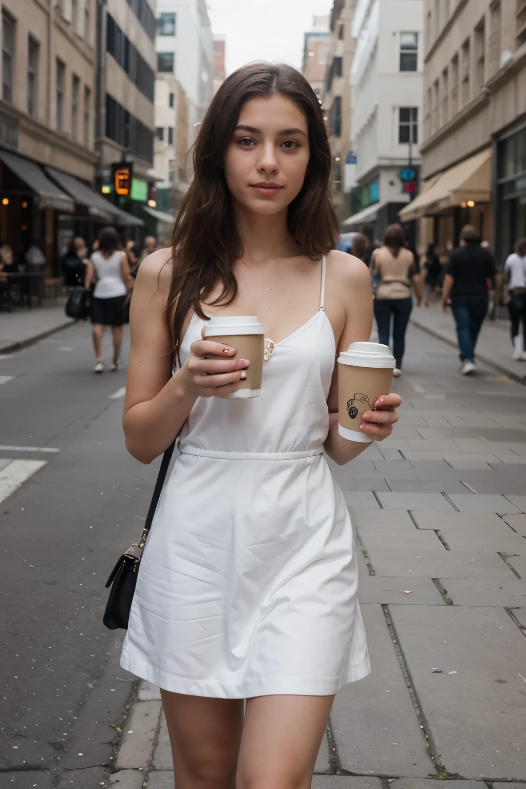 A girl wearing a white dress with straps and a coffee cup in her hand on the street