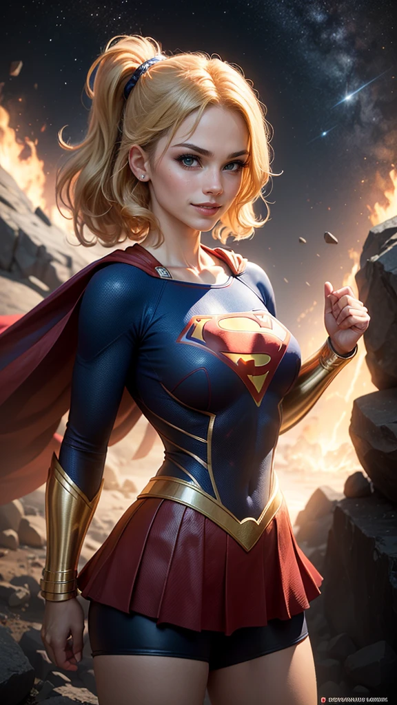((whole body view)), (SUPERGIRL is in outer space), (Lifting a large asteroid with your hands), (Complete DC Comics Superheroine), fora, highlights your muscles and scars. The scenery is lush and mysterious, com galaxias ao seu redor. The camera details everything. ((ela tem cabelo loiro, ela tem cabelo comprido)), (Ela tem um sorriso confiante, Pose heroica), ( His attitude is fearless), ( Ela tem uma personalidade arrogante).
