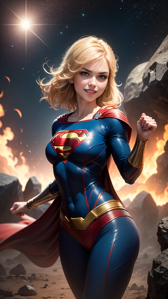((whole body view)), (SUPERGIRL is in outer space), (Lifting a large asteroid with your hands), (Complete DC Comics Superheroine), fora, highlights your muscles and scars. The scenery is lush and mysterious, com galaxias ao seu redor. The camera details everything. ((ela tem cabelo loiro, ela tem cabelo comprido)), (Ela tem um sorriso confiante, Pose heroica), ( His attitude is fearless), ( Ela tem uma personalidade arrogante).