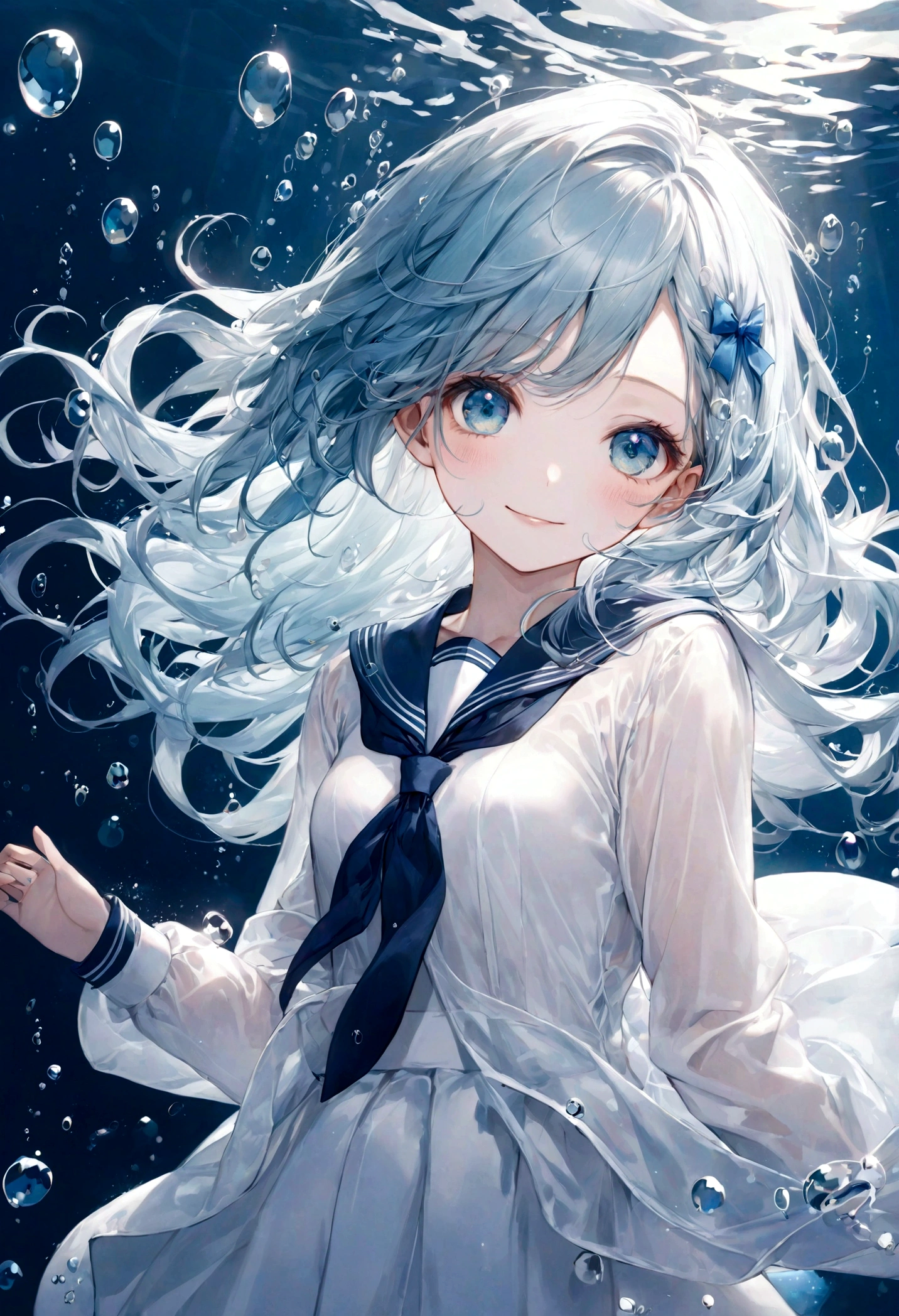 ((top-quality)), ((masterpiece)), ((ultra-detailliert)), (extremely delicate and beautiful), bright aqua blue hair, bright sapphire eyes, fair skin, beautiful woman, sheer white sailor uniform, sheer white jacket, navy blue ribbon ties, underwater world, cold background, air bubbles, water bubbles, underwater, sweet smile, delicate wavy long hair