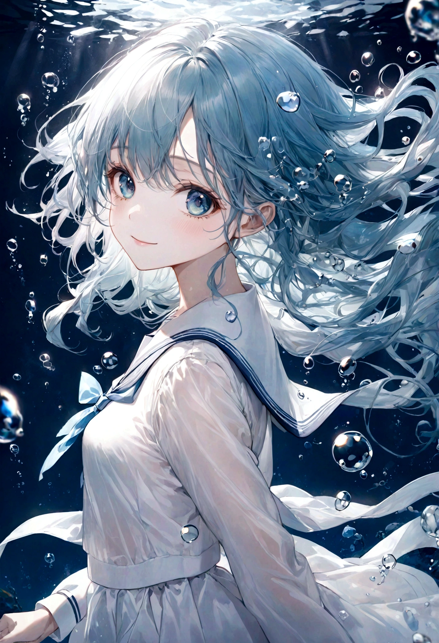 ((top-quality)), ((masterpiece)), ((ultra-detailliert)), (extremely delicate and beautiful), bright aqua blue hair, bright sapphire eyes, fair skin, beautiful woman, sheer white sailor uniform, sheer white jacket, navy blue ribbon ties, underwater world, cold background, air bubbles, water bubbles, underwater, sweet smile, delicate wavy long hair