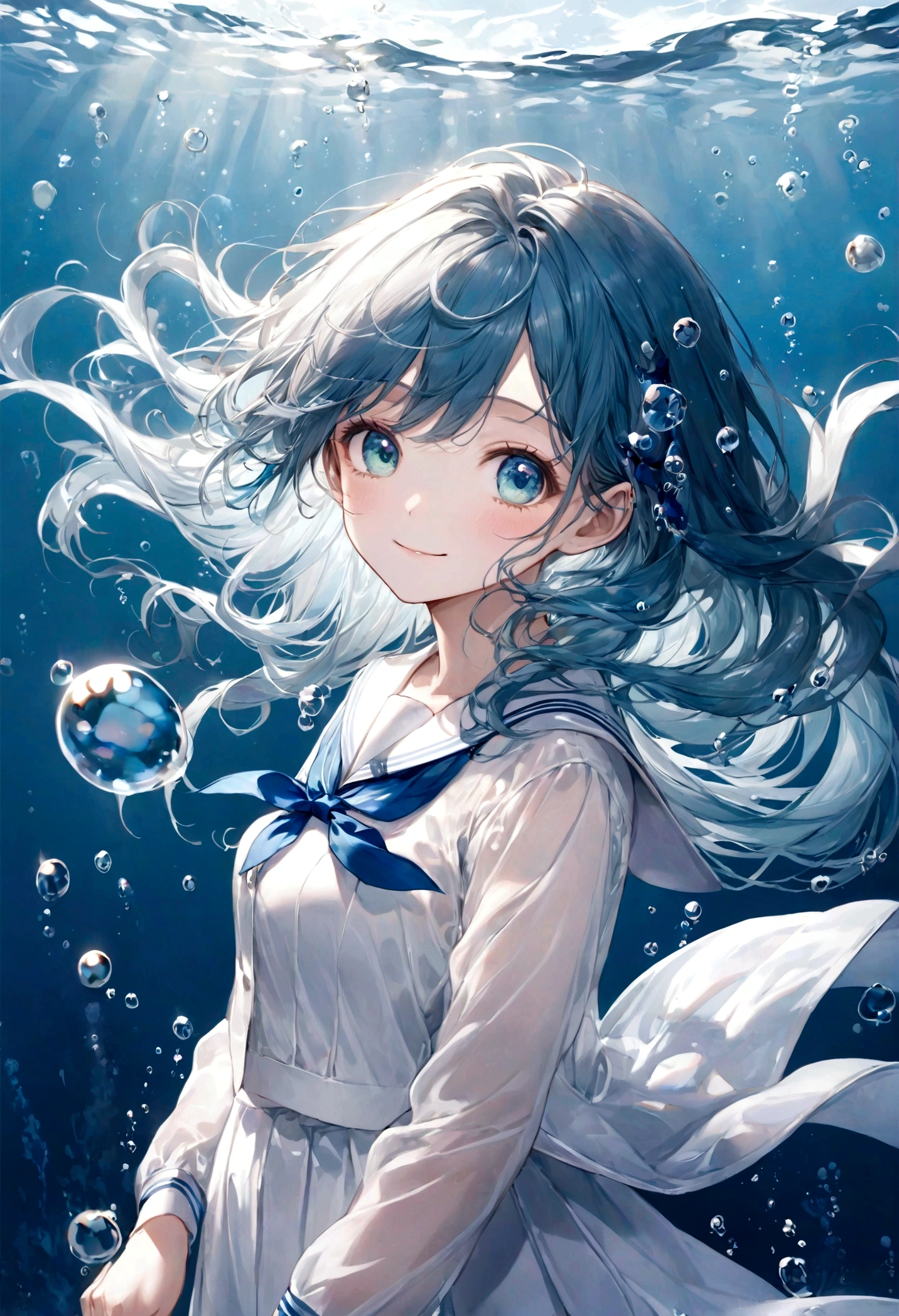 ((top-quality)), ((masterpiece)), ((ultra-detailliert)), (extremely delicate and beautiful), bright aqua blue hair, bright sapphire eyes, fair skin, beautiful woman, sheer white sailor uniform, sheer white jacket, navy blue ribbon ties, underwater world, cold background, air bubbles, water bubbles, underwater, sweet smile, delicate wavy long hair