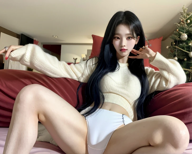 Hay una mujer acostada en una cama con la mano en la barbilla, Chica coreana, ulzzang, Hermosa mujer surcoreana, Asian girl with long hair,pelo largo, Joven y adorable rostro coreano, beautiful asian girl, Jaeyeon Nam, 19 year old girl, young asian woman, showing long legs, small panties 