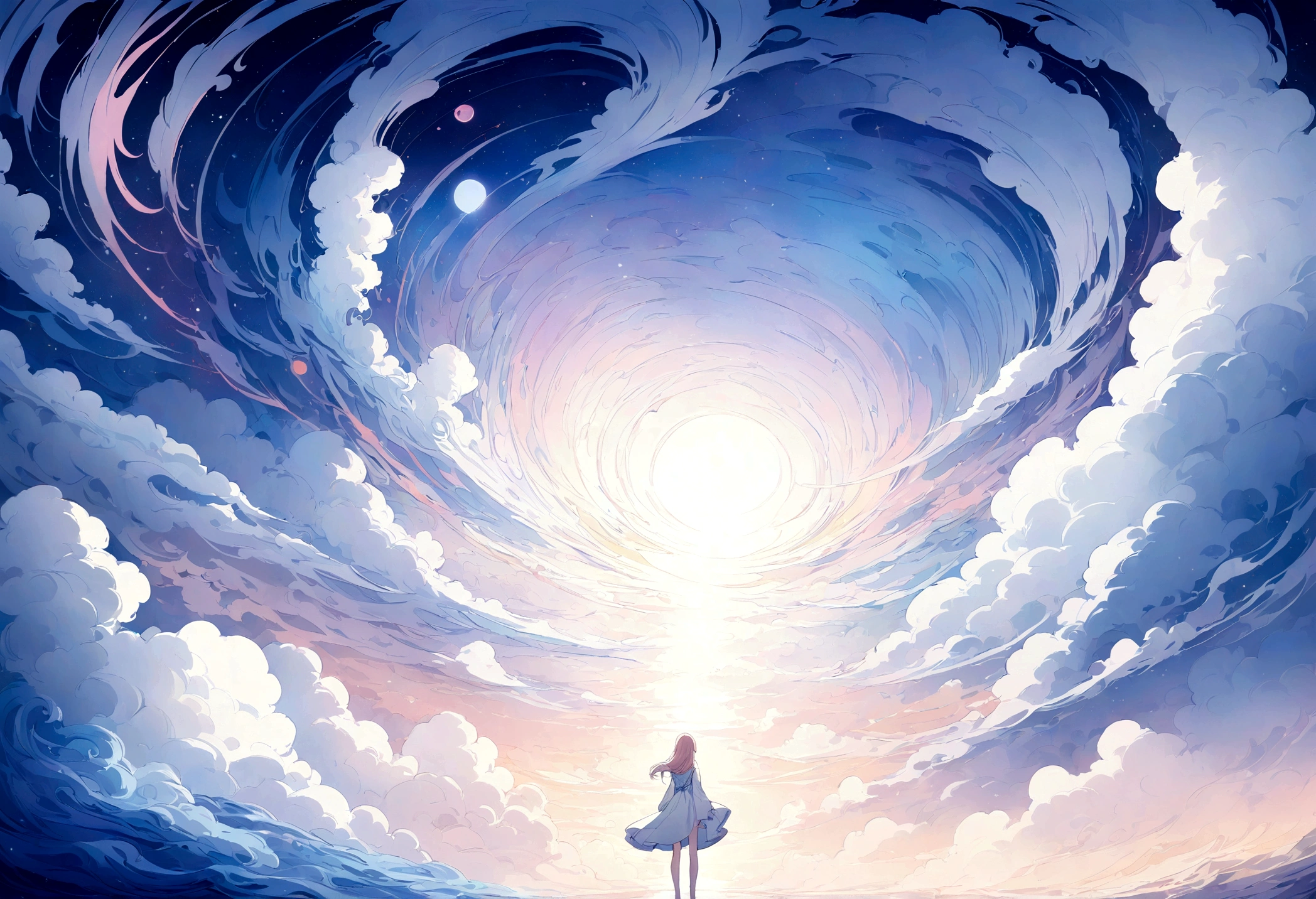 a white and blue based dream landscape within a cloud galaxy