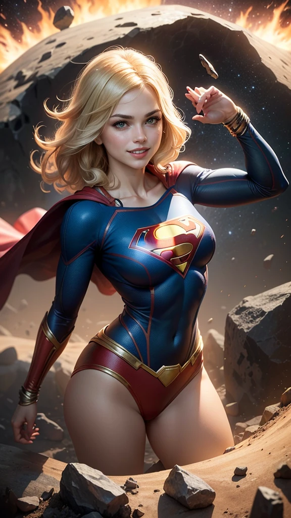 ((whole body view)), (SUPERGIRL is in outer space), (Lifting a large asteroid with your hands), (Complete DC Comics Superheroine), fora, highlights your muscles and scars. The scenery is lush and mysterious, com galaxias ao seu redor. The camera details everything. ((ela tem cabelo loiro, ela tem cabelo comprido)), (Ela tem um sorriso confiante, Pose heroica), ( His attitude is fearless), ( Ela tem uma personalidade arrogante).