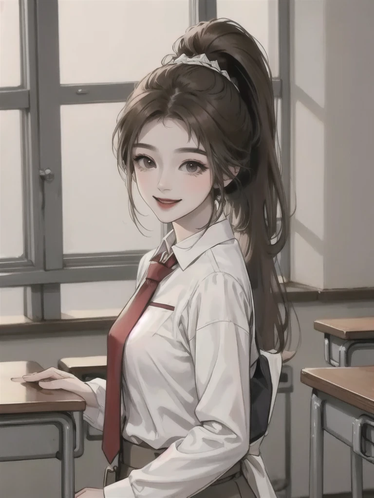 girl, long brown hair, gray eyes, white skin,ponytail,standing, korean ,classroom, red tie,smile