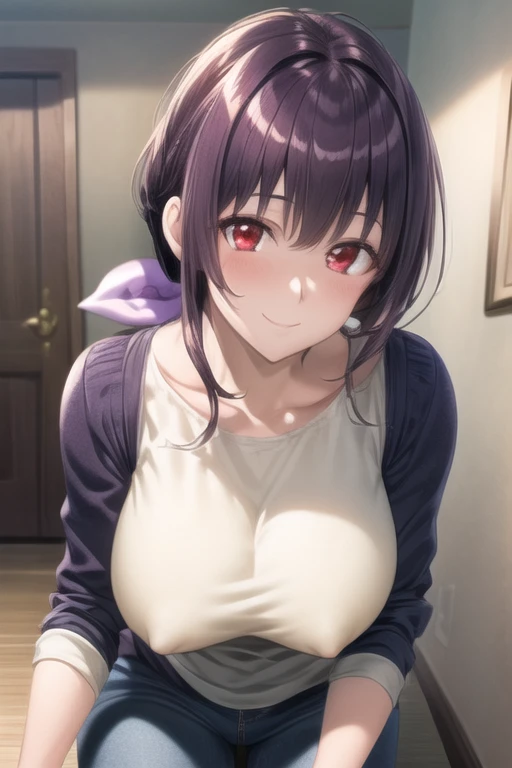 (masterpiece:1.2), best quality, High resolution, unity 8k wallpaper, (illustration:0.8), (beautiful detailed face:1.2, beautiful detailed red eyes:1.2), Perfect lighting, extremely detailed CG, (perfect hands, perfect anatomy),
cute, beautiful, charming lady, shiny hair, 光沢のaる肌, beautiful light big eyes,
big breasts, Mature Woman, married woman, soft With a gentle appearance and a gentle mother-like atmosphere,
それはその中にaります_a, mature female, large breasts, purple hair, Purple eyes, hair bow,denim jeans pants, White shirt,
A kind smile,