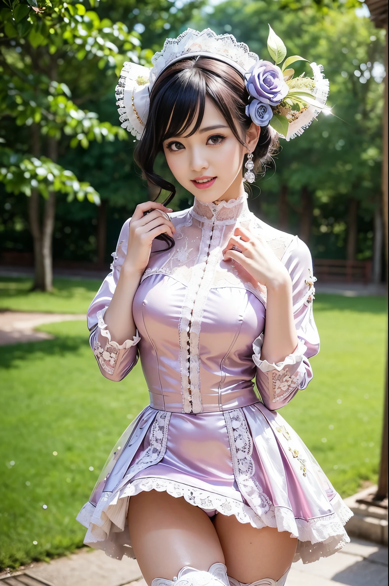 nsfw, sexy stylish Japanese model, only 1 female, ((doll-like appearance)), short lilac stylish hair, ((shiny Victorian-Style boots)), (big smile), ultra detailed eyes, vivid eye makeup, lipgloss, long lashes, defined eyebrows, ((sexy Paradise Kiss cosplay)), bell-shaped skirt, petticoats, high neckline, puffed sleeves, ((ultra detailed lace)), ((ultra detailed embroidery)), intricate details, Paradise Kiss accessoires and matching headpiece, choker, ((large sparkling Paradise Kiss jewelry)), cinematic light, detailed large park background with trees