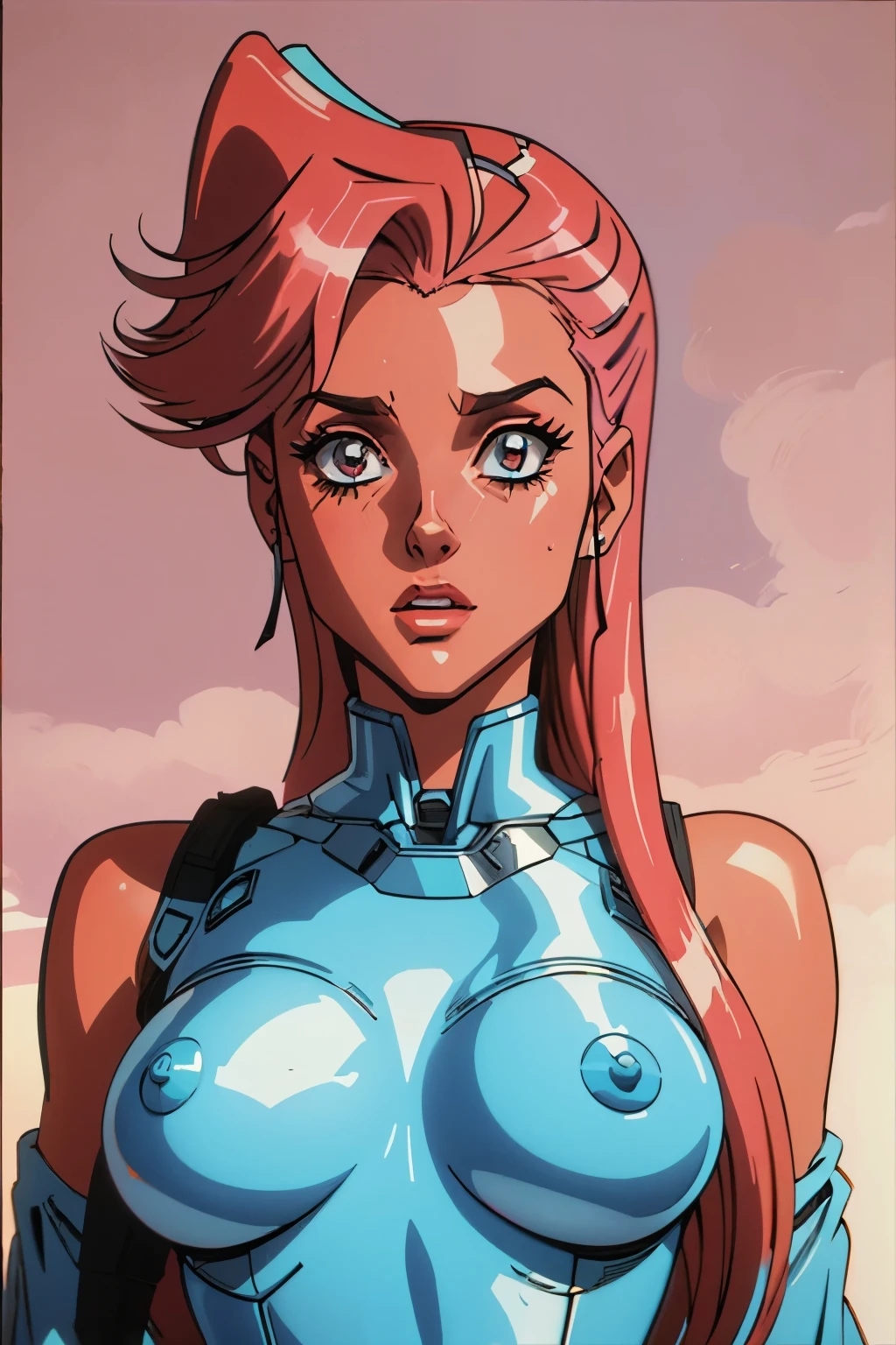 1990s (style), 1980s (style), retro artstyle, One girl, robot girl, robot, white_robot_articulations, NSFW, pink_hair, long_hair