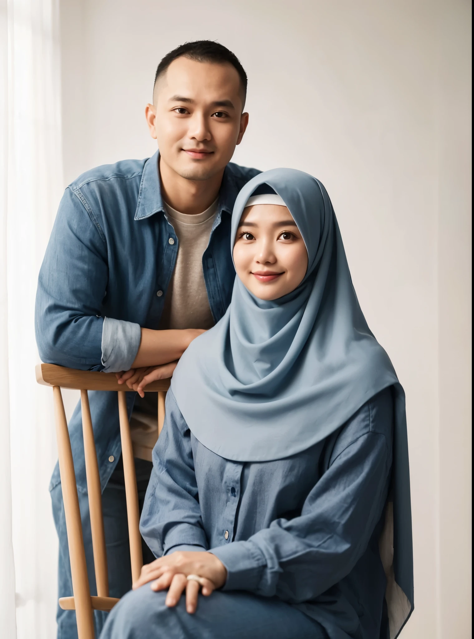 Indoor portrait, Indonesian couple, a man age 40 clean smooth face, chubby cheeks very short cuthair, a 40 women with hiijab, both wearing casual blue and oren outfits, a man is standing and woman siting on tall wood chair, staring at cam, happy expression, backround white studio photo, minimalist decoration, fresh color, 8k resolution