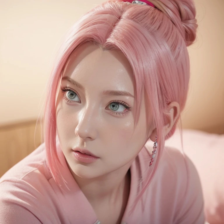 young woman, bubblegum pink hair tied in a bun, wide forehead, porcelain skin, pink eyebrows, emerald green eyes, upturned nose, thick pink lips, heart-shaped face, dark red clothes, Sakura Haruno, realism, well detailed, 3d
