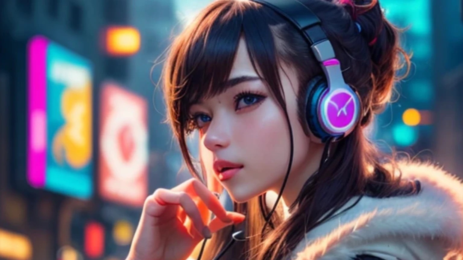 a close up of a person wearing headphones on a city street, anime style 4 k, artwork in the style of guweiz, cyberpunk anime girl in hoodie, cyberpunk anime girl, anime style. 8k, anime vibes, ilya kuvshinov. 4 k, dreamy cyberpunk girl, artgerm and ilya kuvshinov