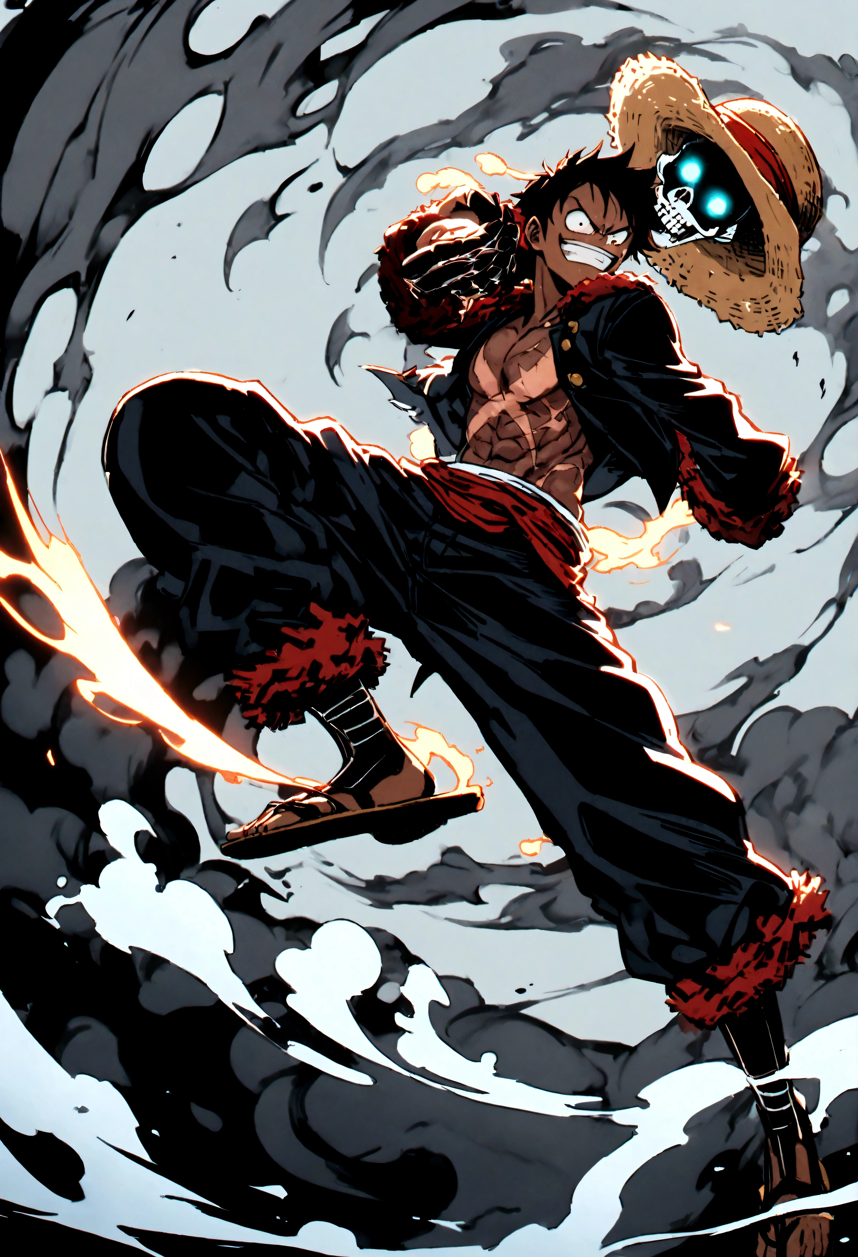 Full body shot,Monkey D. Luffy,Gear fourth,black hair,armor,dark skin,an evil grin on his face,eyes glow blue, holding a sword in both hands,dynamic pose,smile,male focus,shorts,teeth,grin,scar,sandals,(straw hat:1.5),stitches,skeleton,bone,scar on chest,grey mist swirling around him,swirling smoke effects on a smoke background,high resolution with high contrast, cinematic lighting, vibrant colors, sharp focus and high detail.
