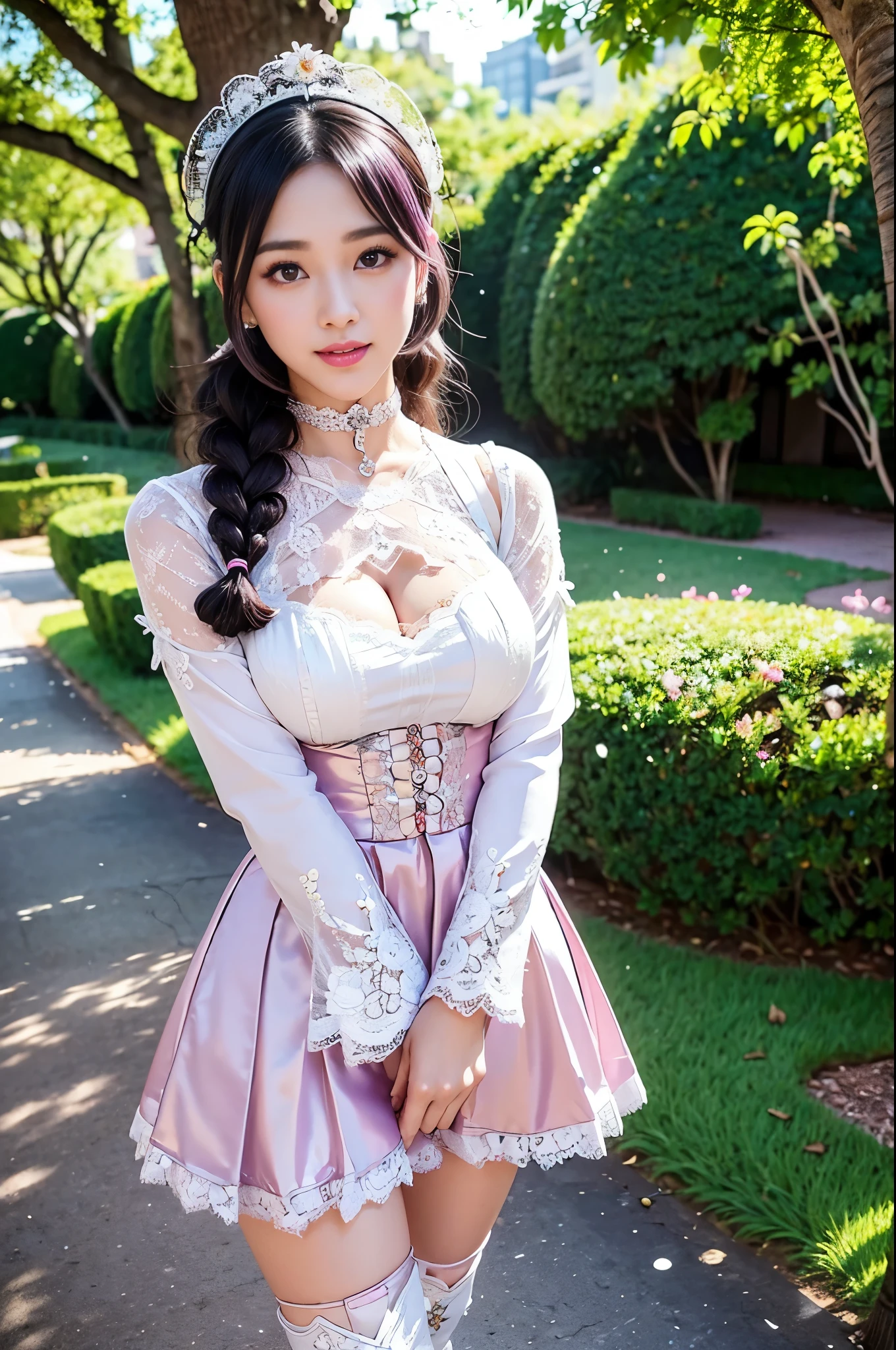 nsfw, sexy stylish Thai model, only 1 female, ((doll-like appearance)), short lilac stylish hair, ((shiny Victorian-Style boots)), (big smile), ultra detailed eyes, vivid eye makeup, lipgloss, long lashes, defined eyebrows, ((sexy Paradise Kiss cosplay)), bell-shaped skirt, petticoats, high neckline, puffed sleeves, ((ultra detailed lace)), ((ultra detailed embroidery)), intricate details, Paradise Kiss accessoires and matching headpiece, choker, ((large sparkling Paradise Kiss jewelry)), cinematic light, detailed large park background with trees