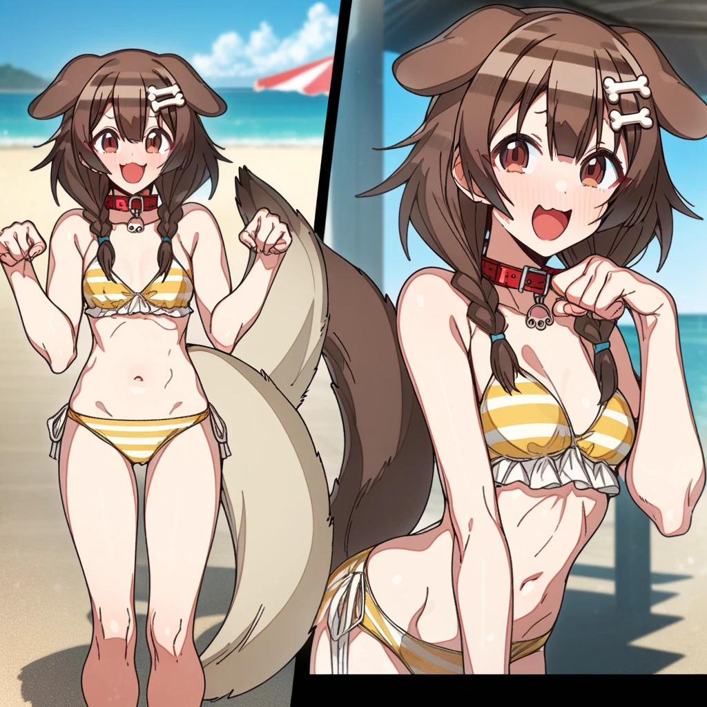 inugami_korone, Artist, erere, Copyrights, idolmaster, idolmaster_shiny_colors, Character, General, 1girl, brown_hair, blunt_bangs, blush, medium_breasts, breasts, smile, brown_eyes, censored, striped bikini, yellow_bikini, frilled_bikini, navel, dog_tail, animal_collar, twin_braids, dog_ears, bone_hair_ornament, raised_eyebrows, paw_pose, :d, teeth, raised_eyebrows, (full_body) (standing in middle, beach_umbrella), sky, detailed, sand, outdoors, from_side, looking_at_viewer, masterpiece, best_quality, great_quality, girl, solo, center_composition, centered character, cute
