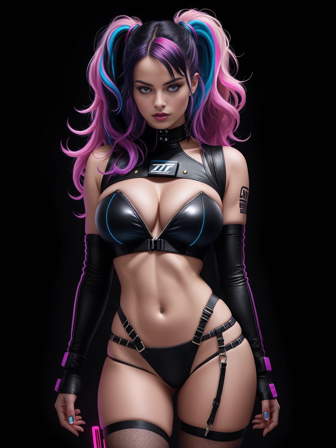 there is Margot Robbie, navy blue and bright purple neon streaked hair, hair in pony tail, 3 d neon art of a womans body, neon-noir background, cyberpunk femme fatale, seductive cyberpunk dark fantasy, cyberpunk strip clubs, cyberpunk 20 y. o model girl, oppai cyberpunk, banner, high definition cgsociety, cgsociety masterpiece, trending on cgstation, kda, random hair, looking at camera, gigantic breasts, cleavage, (high detailed skin:1.2), 8k uhd, dslr, super lighting, high quality, film grain, high res, highly detailed, hyper realistic, beautiful face, beautiful body, beautiful eyes nose lips, alluring expression, very bold, upper  visible, full body photo, standing legs apart, pale translucent glowing skin, most beautiful face, cute, (well defined pubic hair:1.2)), (dark plain black background:1.4))