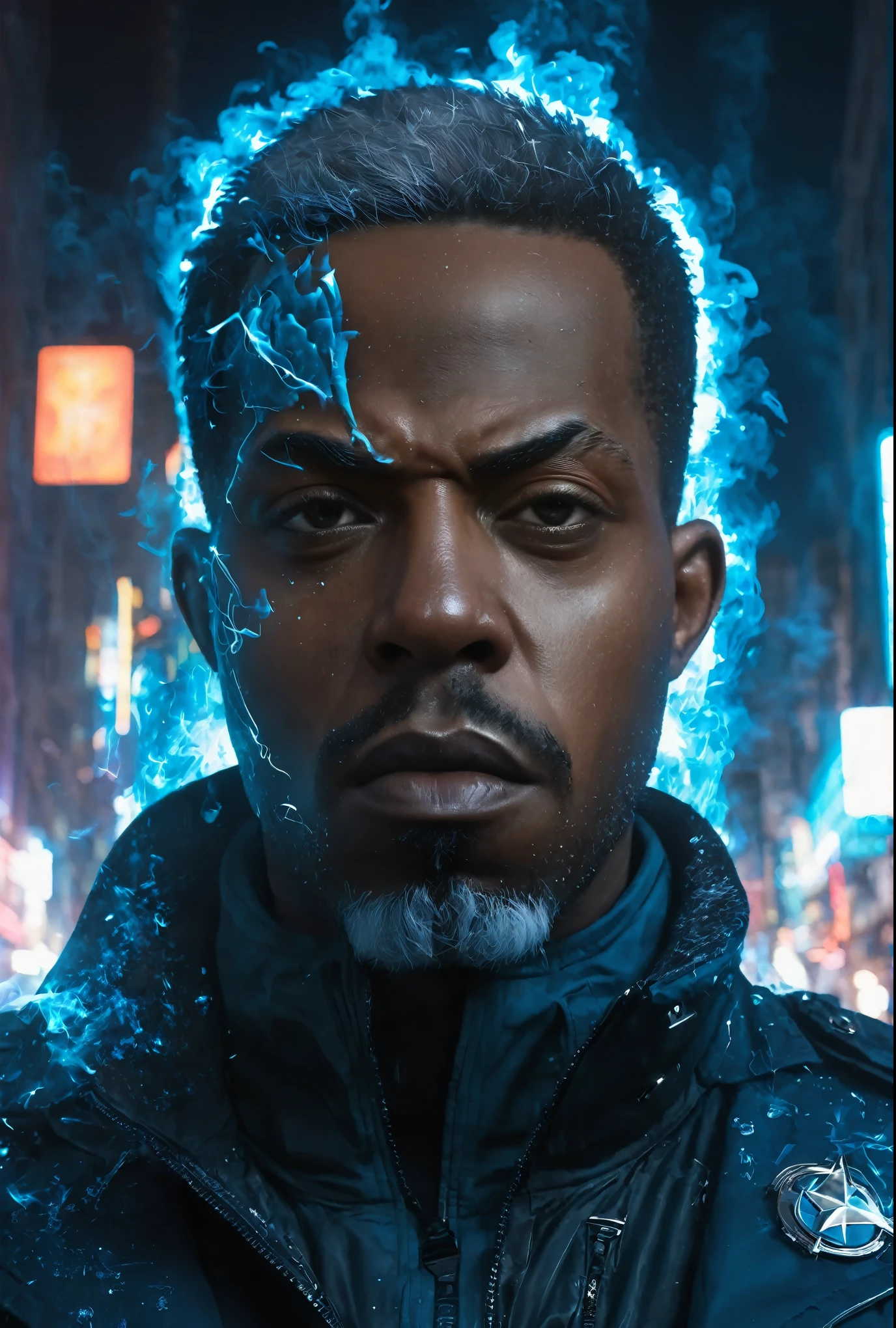 retrato sombrio de Shawt, um homem negro, Captain Cold, da DC, extremamente detalhado, paisagem urbana futurista, Night time, glowing neon lights, smoke, sparks, aparas de metal, Detritos voadores, efeitos de energia azul, volumetric light