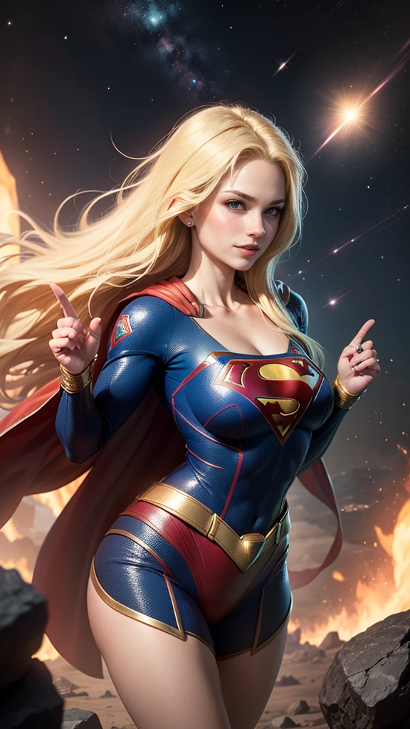 ((whole body view)), (SUPERGIRL is in outer space), (Lifting a large asteroid with your hands), (Complete DC Comics Superheroine), larhe breasts, outside, highlights your muscles and scars. The scenery is lush and mysterious, with galaxies all around you. The camera details everything. ((she has blonde hair, she has long hair)), (She has a confident smile, Heroic pose), (His attitude is fearless), (She has an arrogant personality).