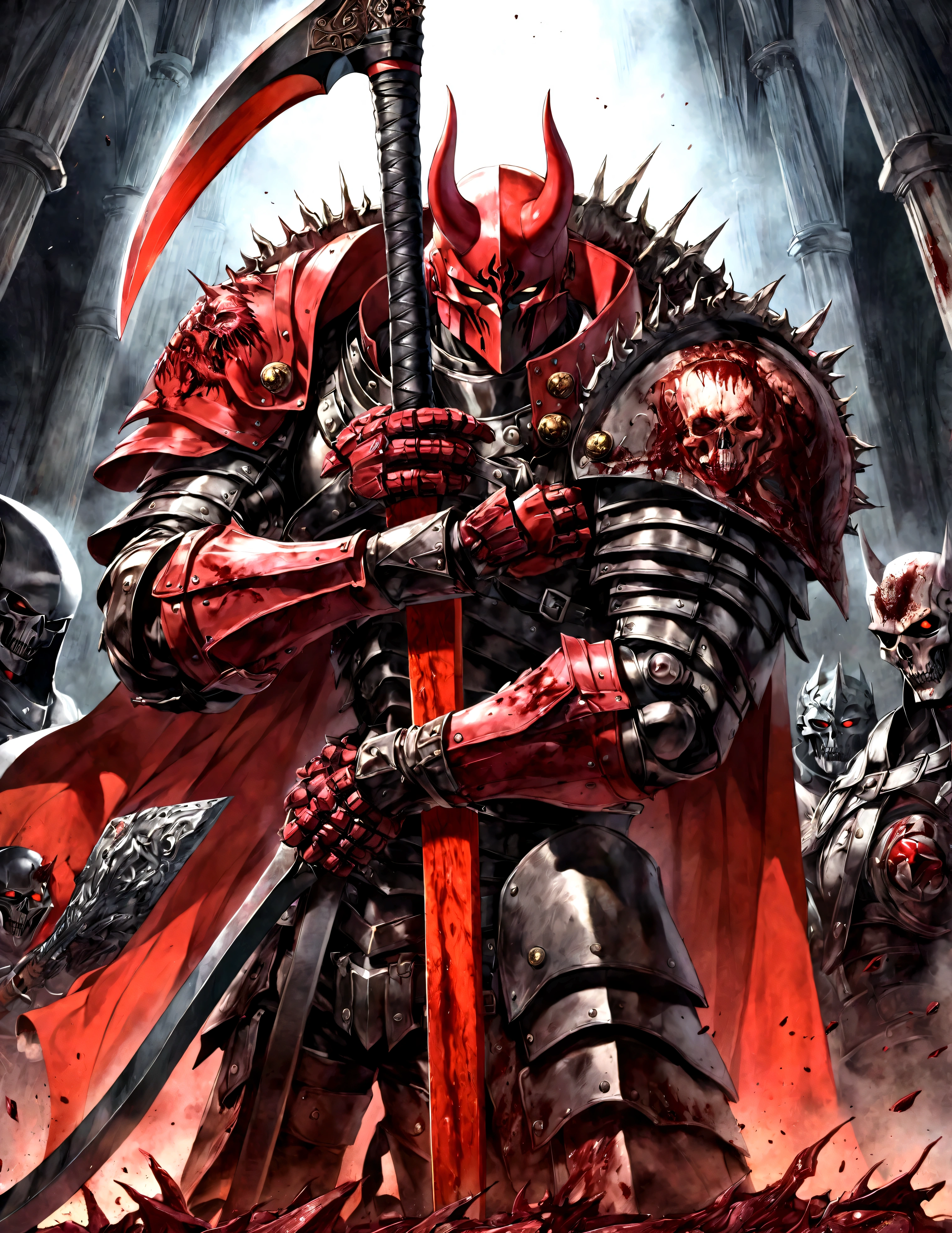 a close up of a person holding a large scythe in a dark room, cyborg satan, berserk blood, dantes inferno, khorne, game cover art, berserk guts, blood knight, apocalyptic road warrior vibe, boris villejo, berserk style, ares with heavy armor and sword, lee bermejo, blood red armor, berserk, gungrave
