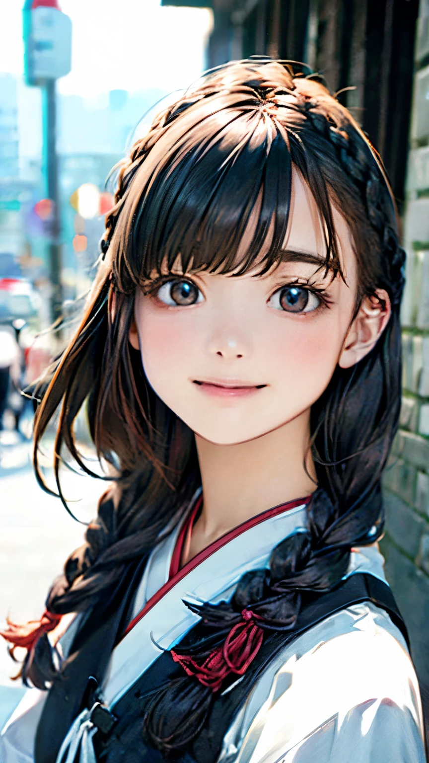 (masterpiece:1.2, highest quality), (Realistic, photoRealistic:1.4), Beautiful illustrations, (Natural Side Lighting, Cinema Lighting),
View Viewer, 1 girl, Japanese, , Perfect Face, cute and symmetrical face, Shiny skin,
BREAK ((Detailed cloth texture, black dress))
BREAK (medium hair, braid, braun hair, laughing)
(Beautiful views), evening, (Outdoor),
