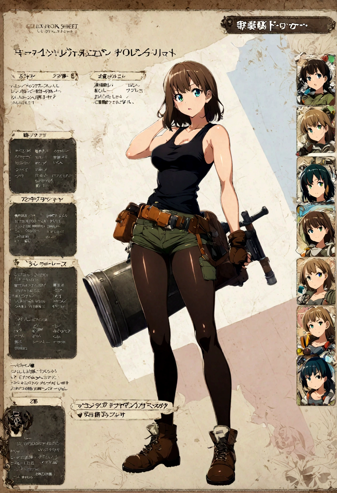 1 character, sexy girl, charater sheet, adventurer, tank classes, rpg, lot of accessories