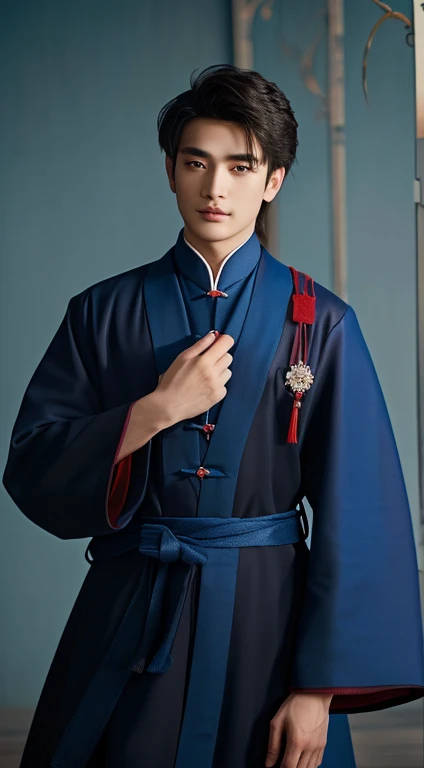 Aarav stood in front of a bamboo tree., Close-up of a person in a crimson, blue and blue outfit., Good quality, expensive silk, wearing a Blue coat, Inspiration from Zhang Han, Wear ancient Chinese clothes, Inspired by Gu An, Blue coat, Blue coats, A dragon-inspired robe., Who is Xi Wu?, เสื้อคลุมและBlue coat คุณภาพภาพถ่าย 8k, 3-D,) Shot with a high quality Fuji 45 camera.,000,000 Pixel, realistic light colors, Whole body wuxia, with Zhao Yun&#39;s ancient Chinese clothing, Inspiration from Zhang Han, Inspired by Gu An, Hess Jinyao, handsome prince, Hanfu, Inspiration from Guan Tao Sheng, Yanjun Chengt, Masam, Wear ancient Chinese clothes, Inspiration from Emperor Xuande, 