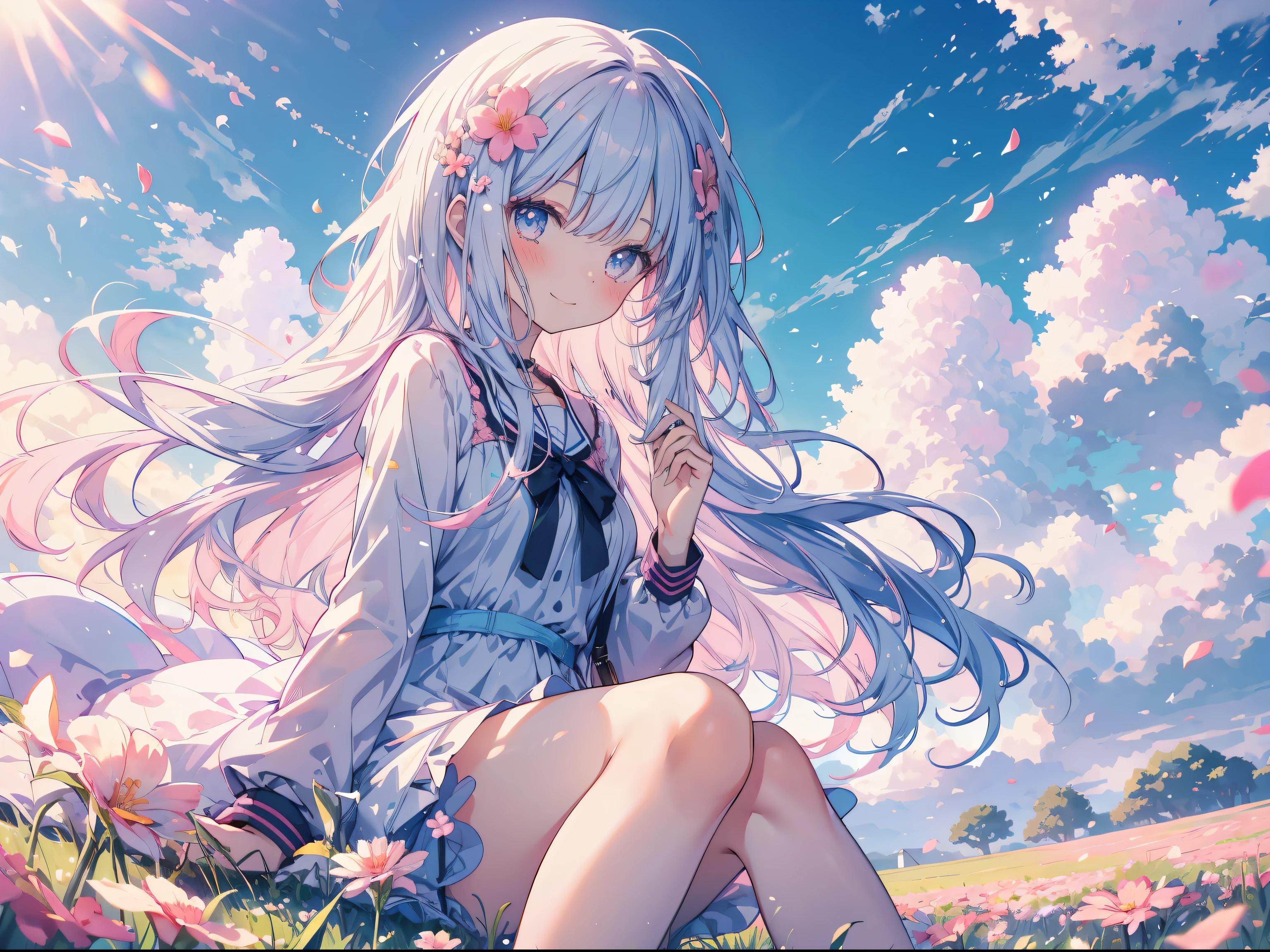 anime girl with fleurs in her hair sitting in grass champ looking at the ciel, 1fille, Seulement, fleur, En plein air, cheveux longs, Robe, sourire, champ, regarder le spectateur, ciel, rougir, jour, pink fleur, Petals, nuage, blue ciel, frange, manches longues