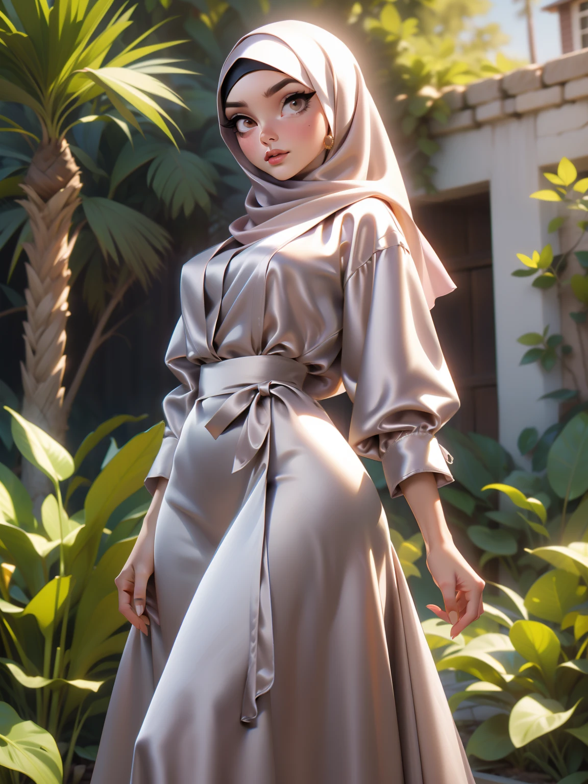 3DMM, ((Masterpiece, best quality, photography)), detailed skin, realistic, photo-realistic, 8k, highly detailed, full length frame, High detail RAW color art, diffused soft lighting, shallow depth of field, sharp focus, hyperrealism, cinematic lighting, hijab, a woman beautifully makeup, bold eyeshadow, beautiful big eyes, Brown eyes, long eye lashes, chubby, wearing ((brown satin hijab), loosely tide hijab style, ((gray satin shirt)), ((satin long dress)), dancing under tree, garden